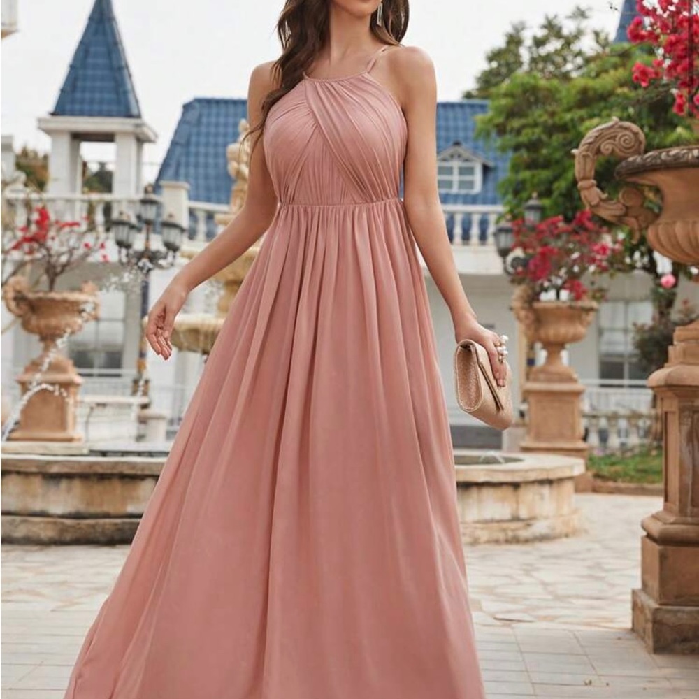 Dusty Pink Chiffon Halter Bridesmaid Dress